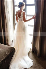 Ivory V Neck Lace Tulle Bridal Dress A Line Beach Wedding Dress