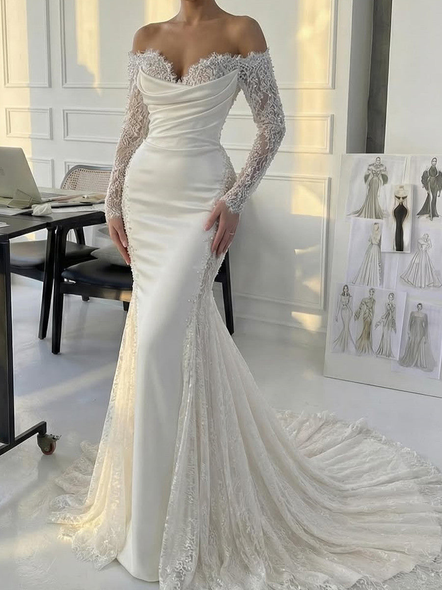 Mermaid Off-the-Shoulder Long Sleeves Beading Court Train Silk Like Satin Corset Wedding Dress