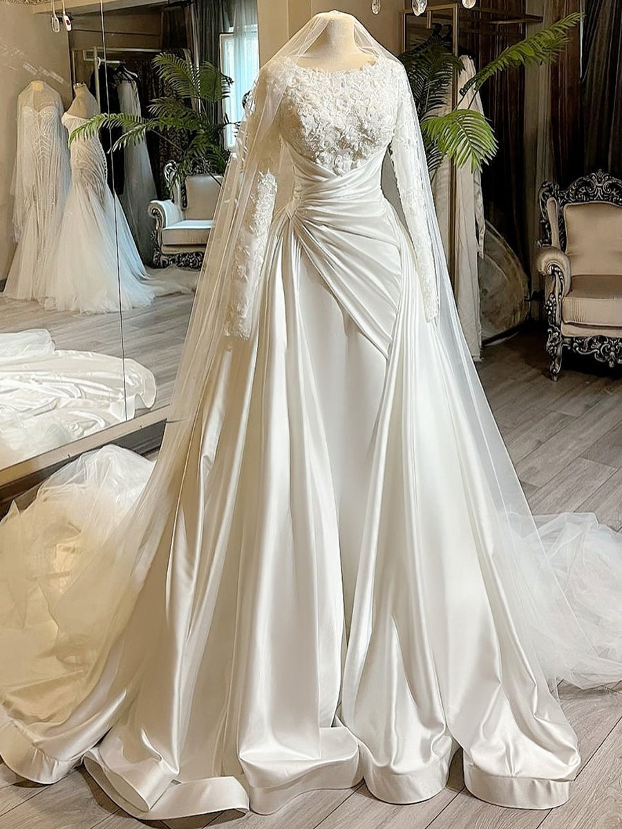 A-line Scoop Long Sleeves Pleated Cathedral Train Silk Like Satin Corset Wedding Dress