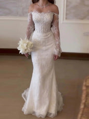 Sheath Off-the-Shoulder Long Sleeves Appliques Lace Sweep Train Lace Corset Wedding Dress