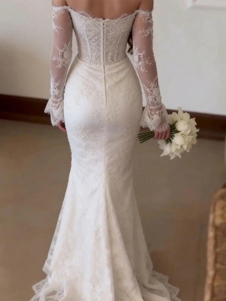 Sheath Off-the-Shoulder Long Sleeves Appliques Lace Sweep Train Lace Corset Wedding Dress