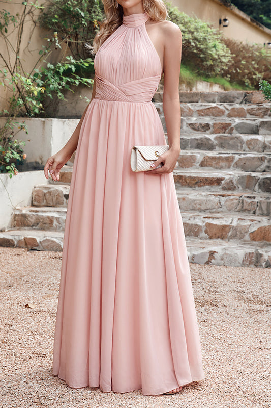 Pink Halter Long Chiffon Bridesmaid Dress