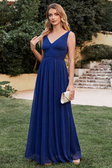 Navy Chiffon V-Neck Sleeveless Long Bridesmaid Dress